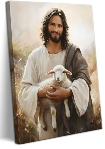 Large Jesus and Lamb Canvas Wall Art Jesus Saves the lost lamb Wall Decor Pictures Christian Lamb of God Painting Posters Prints for Dining Living Room Kitchen Wall Bedroom Decoration - color: Jesus, size: 36"L x 24"W