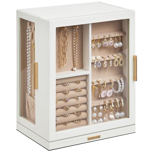 Glimmloop 360° Rotating Jewelry Box with 5 Drawers, Spacious Vertical Jewelry Organizer with Glass Window, Jewelry Storage Case, Dustproof & Moisture-resistant Design, White - color: White, size: 5 Drawers (6.2"D x 9.2"W x 11.4"H)