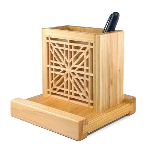Handmade Hinoki Wood Desk Decor, Japanese Zen Wooden Pen Holder, Handcrafted Office Art, Kumiko Art (White) - color: White