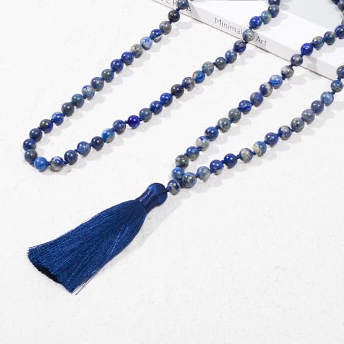 8mm Natural Stone 108 Mala Beads Necklace for Men and Women - color: Lapis Lazuli