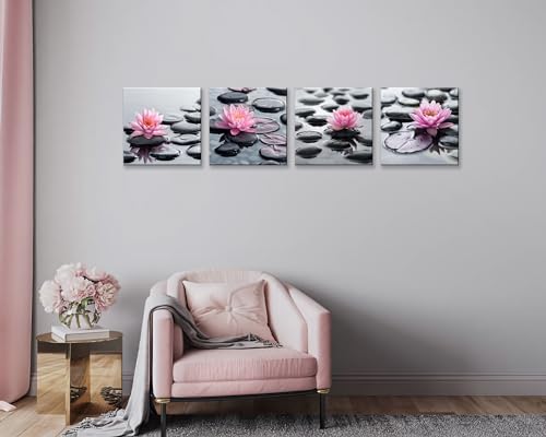 NAN Wind 4Pcs Zen Pink Water Lily Black Stones Framed Canvas Art Botanical Floral Print Modern Spa Art for Home Decor, Ready to Hang Flower Wall Art for Living Room Bedroom Meditation Space