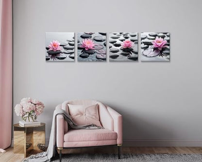 NAN Wind 4Pcs Zen Pink Water Lily Black Stones Framed Canvas Art Botanical Floral Print Modern Spa Art for Home Decor, Ready to Hang Flower Wall Art for Living Room Bedroom Meditation Space