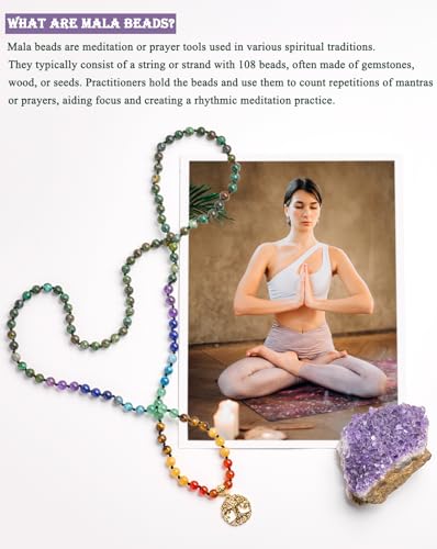 Bivei 108 Mala Beads Necklace Life Tree 7 Chakra Wrap Bracelet Real Healing Gemstone Yoga Meditation Hand Knotted Mala Prayer Bead Necklace - color: 7 Chakras Stone, size: 6mm
