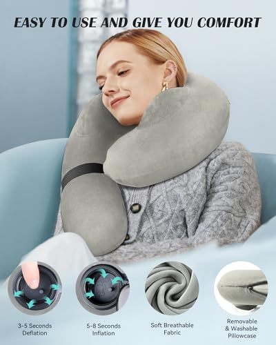 Patented Design Inflatable Travel Neck Pillow – Airplane Neck Pillow with 360° Head & Neck Support, Soft Washable Velvet Cover, Compact Neck Support Pillow for Airplane,Train,Car,Office & Home (Grey) - color: Gery