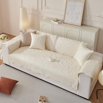 vctops Boho Cotton Quilted Couch Cover Soft Embroidered Sofa Cover Non-Slip Dog Bed Cover Scalloped Sofa Slipcover Washable Furniture Protector Cover (Cream,28"x59") - color: Cream, size: 1pc/28"x59"/Rectangular
