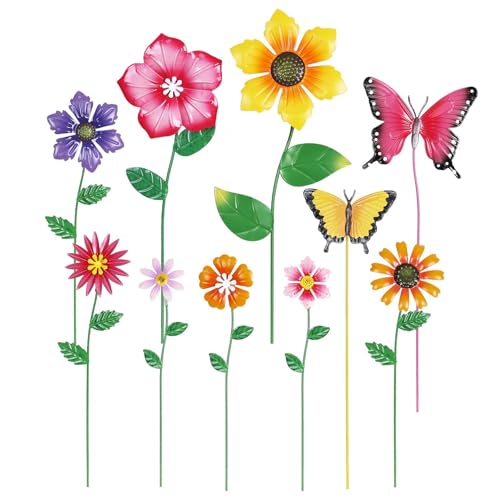hogardeck Garden Decor for Outside, Set of 10 Metal Flowers Decorative Garden Stakes for Spring Decor, Yard Art Garden Decorations for Outdoor Lawn Porch Pathway (Multi-Color) (Color b) - color: color b