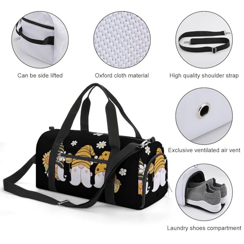 Sunflower Bee Cute Cartoon Gnome Black Large Capacity Portable Fitness Bag, Easy to Carry - color: Sunflower Bee Cute Cartoon Gnome Black