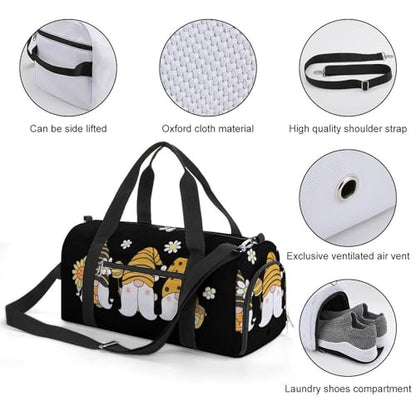 Sunflower Bee Cute Cartoon Gnome Black Large Capacity Portable Fitness Bag, Easy to Carry - color: Sunflower Bee Cute Cartoon Gnome Black