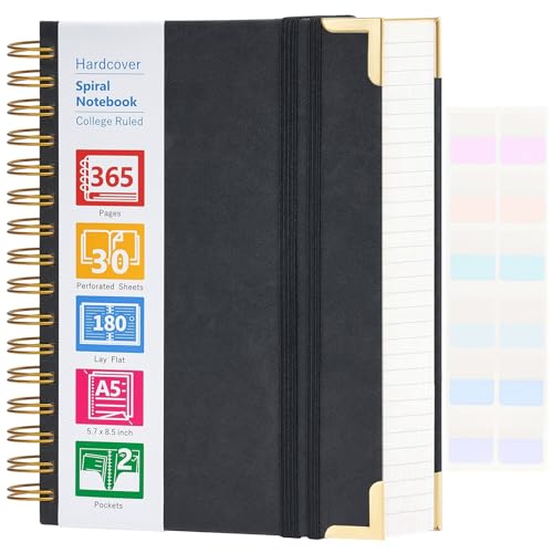 Spiral Notebook, 365 Page Hardcover Leather Notebook Journal, Large A5 Lined Journal for Women Men, College Ruled Notebooks for Work School, Journals for Writing, 24pcs Index Tabs, 5.5" x 8.5", Black