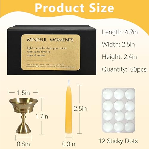 20 Min Beeswax Meditation Candles – 50 Pack, Includes Mini Candle Holder & 12 Wax Dots, Slow Burn, Natural Unscented, Yoga Prayer Mindfulness & Relaxation - color: Beeswax, size: 50 Pack