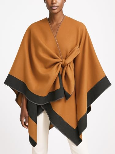 Women's Elegant Shawl Wraps, Soft Open Front Poncho Cape, Reversible Casual Cardigan Shawls for Gift Travel - color: Bronze-black