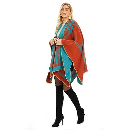 Shawl Wraps for Women, Elegant Knitted Cape Open Front Poncho Scarf Blanket Cardigan Coat for Spring, Autumn, and Winter - color: Orange Blue