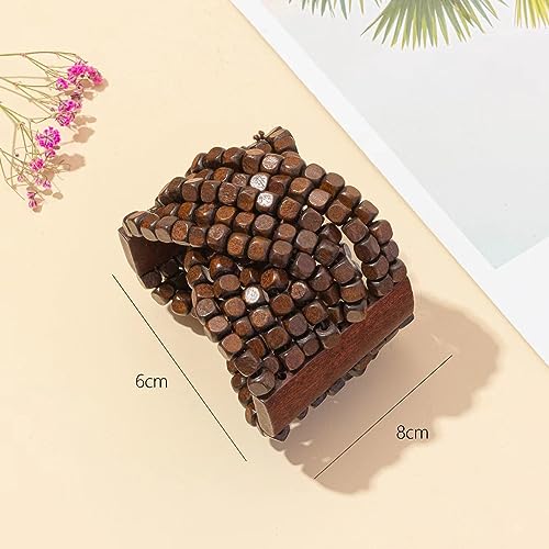 COLORFUL BLING Handmade Natural Wooden Beads Cuff Bracelet Woven Chunky Geometric Bangle for Women Summer Beach Boho Jewelry - color: intersect beads