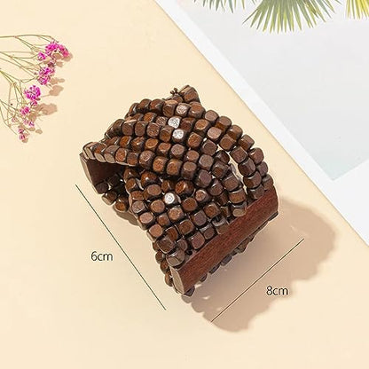 COLORFUL BLING Handmade Natural Wooden Beads Cuff Bracelet Woven Chunky Geometric Bangle for Women Summer Beach Boho Jewelry - color: intersect beads