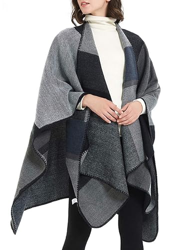 MissShorthair Women's Printed Shawl Wrap Fashionable Open Front Poncho Cape, Gift for Women - color: A-black Grey