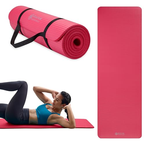 Gaiam Essentials 2/5" Thick (10mm) Yoga & Pilates, Fitness & Exercise Mat with Easy-Cinch Carrier Strap Cusion Support For Fitness and Gym Workouts - color: Pink