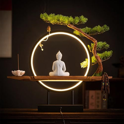 Zen Shakyamuni Buddha Statue with LED Light Ring, Bonsai Tree Decorative Buddha Figurine Set with Sturdy Metal Frame, USB-Powered Meditating Home Decor(Green)