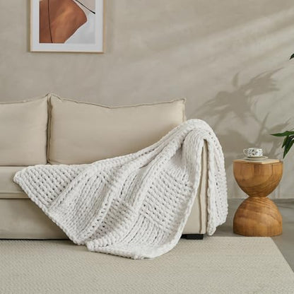 Chunky Knit Blanket Throw 50x60 Inches,Handmade Cable Knit Crochet Blanket,Cozy Lightweight All Season,Wrinkle-Resistant Polyester for Couch Bed Sofa Reading Nook, Beige - color: Beige