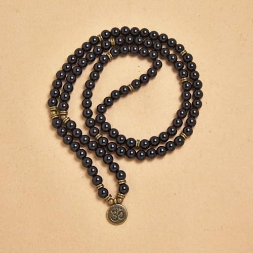 108 Natural Stone Mala Beads Yoga Jewelry Meditation Bracelet Necklace with om Charm - style: Black Agate