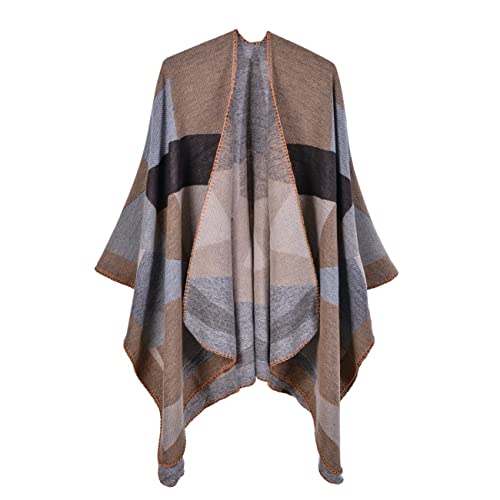 Shawl Wraps for Women, Elegant Knitted Cape Open Front Poncho Scarf Blanket Cardigan Coat for Spring, Autumn, and Winter - color: Gray Khaki