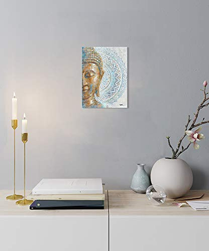 Gold Buddha Canvas Wall Art: 3D Textured Mandala Flower Blossom Buddha Painting Zen Print Picture on Blue for Yoga Meditation Room Bedroom Framed and Ready to Hang 12"x16" - color: Buddha with Mandala, size: 12"x16"x1