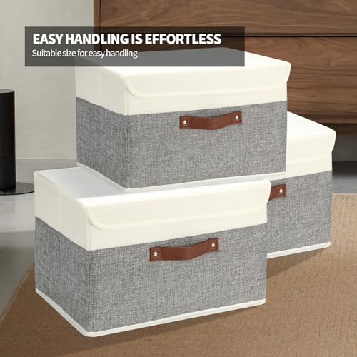 8 Pack Storage Bins Foldable Storage Boxes Fabric Storage Box with Lid & Handle Large Washable Organizer Bulk for Office, Home, Books, Clothes, Bedroom, Closet, (15INx10INx10IN White/Grey)
