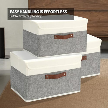 8 Pack Storage Bins Foldable Storage Boxes Fabric Storage Box with Lid & Handle Large Washable Organizer Bulk for Office, Home, Books, Clothes, Bedroom, Closet, (15INx10INx10IN White/Grey)