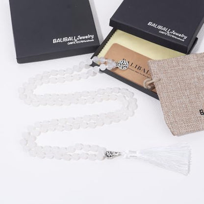 108 Mala Beads Necklace Semi-Precious Gem Stones Meditation Necklace 108 Hand Knotted Japa Mala Beaded Tassel Necklace with Tree of Life Pendant - color: White Marble