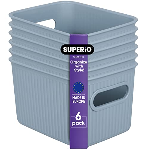 Superio Ribbed Collection - Decorative Plastic Basket Open Home Storage Bins Organizer, Small Blue (6 Pack) Container Boxes for Organizing Closet Storage Bins for Shelves Drawer Shelf 1.5 Liter - size: 6 Pack, style: Bin - Small (1.5 Liter)