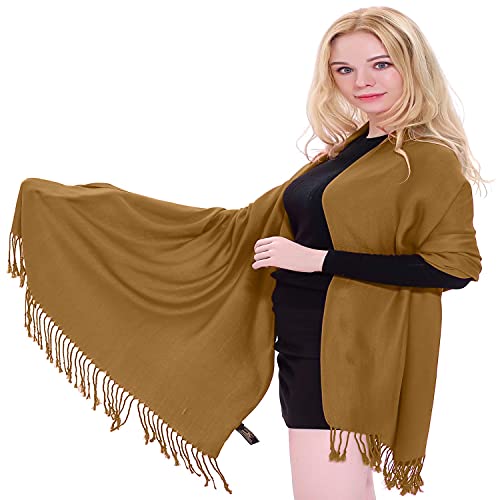 CJ Apparel Solid Color Tassels Design Nepalese Shawl Scarf Wrap Stole Throw Head Wrap Pashmina Gift Hand Made in Nepal New - color: Camel Brown