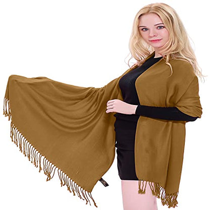 CJ Apparel Solid Color Tassels Design Nepalese Shawl Scarf Wrap Stole Throw Head Wrap Pashmina Gift Hand Made in Nepal New - color: Camel Brown