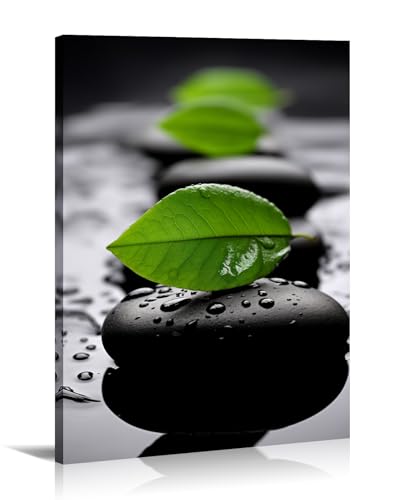 LYUNSHUO Zen Wall Art,Black SPA Stones Canavs Print Green Leaf Picture Spiritual Room Wall Decor Meditation Still Life Painting Framed Artwork for Bathroom Office Home Decor(Art-2,24.00"x36.00") - color: B - Black & Green, size: 36"L x 24"W