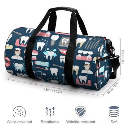 Teeth Dental Seamless Pattern Cylindrical Portable Fitness Bag, Large Capacity Handbag - color: Teeth Dental Seamless Pattern