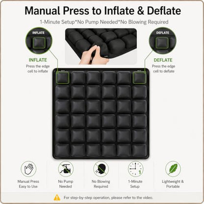 Inflatable Travel Seat Cushion for Airplane, Press-to-Inflate Air Cell Cushion, Portable & Foldable for Long Sitting, Car, Office, Wheelchair (36-Cell Air Cushion)