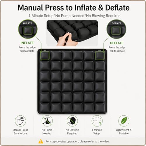 Inflatable Travel Seat Cushion for Airplane, Press-to-Inflate Air Cell Cushion, Portable & Foldable for Long Sitting, Car, Office, Wheelchair (49-Cell Air Cushion)