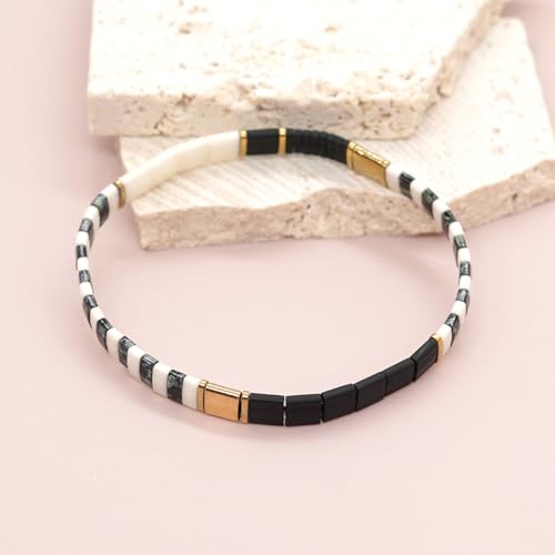 Tila Beaded Stretch Strand Bracelets for Women, Cute Boho Stackable Handmade Colorful Mixed Flat Square Beads Elastic Beach Surfer Bracelet Trendy Jewelry Friend Gift - color: 0901G