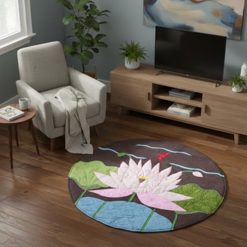 Handmade Lotus Applique Meditation Rug, Round Quilted Floor Mat, 43.3 Inch Cotton Patchwork Decor Rug for Yoga, Zen Space & Living Room