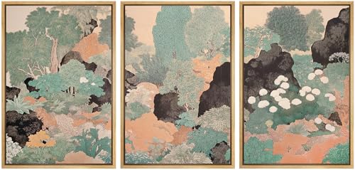 wall26 Framed Print Wall Art Set Vintage Japanese Garden Landscape Decorative Minimal Relax/Zen for Living Room, Bedroom, Office - 16"x24"x3 NATURAL - color: A18-2601-M02, size: 16" x 24" x 3 Panels NATURAL