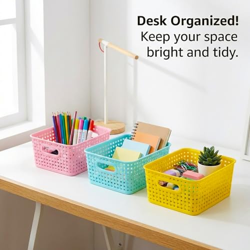 Colorful Small Plastic Storage Woven Baskets, 6 Pack Versatile Shelf Organizer Weave Baskets for Classrooms, Children's Rooms & Pantries, Pink/Yellow/Blue-10x7.5x4 inch