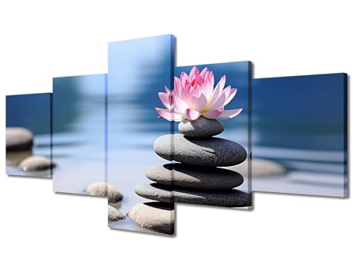 TUMOVO 5 Pieces Canvas Wall Art Living Room Decor A Pink Lotus Flower Sits on A Rock Painting Large Canvas Artwork Zen Pictures Woods for Kitchen Office Home Decoration, 50" Wx24 H - color: Artwork-10, size: 50"Wx24"H