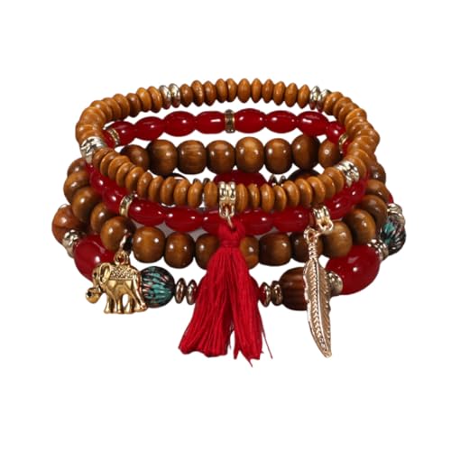 Caiyao 4Pcs Bohemia Multilayer Stackable Elephant Leaf Tassel Bracelets Colorful Wooden Resin Beaded Stretch Bracelets for Women Men Summer Beach Boho Vacation Hawaii Jewelry Gifts - style: StyleF