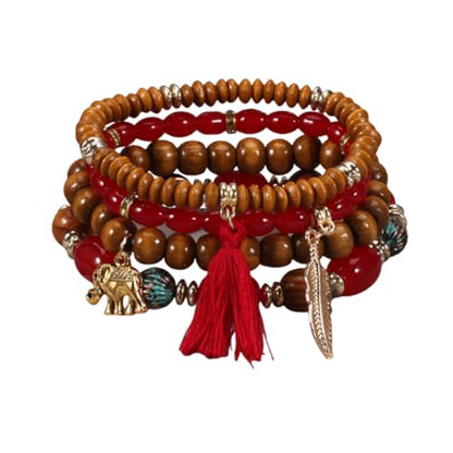 Caiyao 4Pcs Bohemia Multilayer Stackable Elephant Leaf Tassel Bracelets Colorful Wooden Resin Beaded Stretch Bracelets for Women Men Summer Beach Boho Vacation Hawaii Jewelry Gifts - style: StyleF
