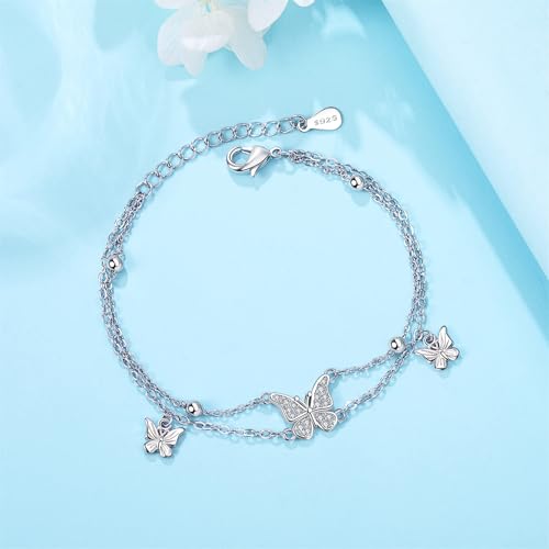 925 Sterling Silver Bracelet for Women,Silver Bracelet Chain Presents for Sister Daughter and Friend, Women's Jewelry for the Daily Occasion - color: Silvery | Butterfly Double Layer Chain
