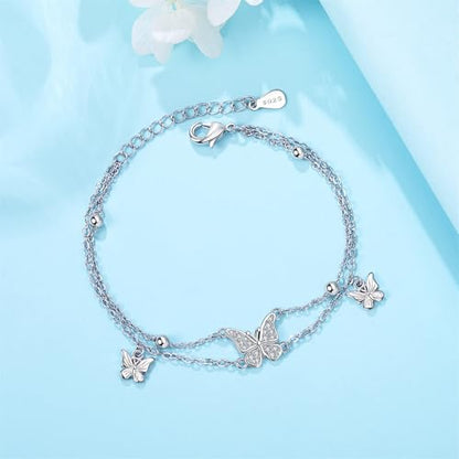 925 Sterling Silver Bracelet for Women,Silver Bracelet Chain Presents for Sister Daughter and Friend, Women's Jewelry for the Daily Occasion - color: Silvery | Butterfly Double Layer Chain
