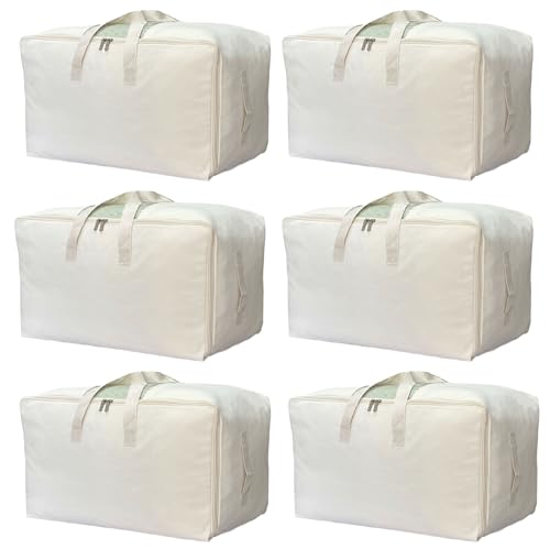 Soft Canvas Clothes Storage Bags with Four Carrying Handles and Clear Window, Closet Organizer for Clothing, Blankets Sheets and Bedding, 55L, 6 Pack, Beige - color: Beige, size: 55L - 6 Pack