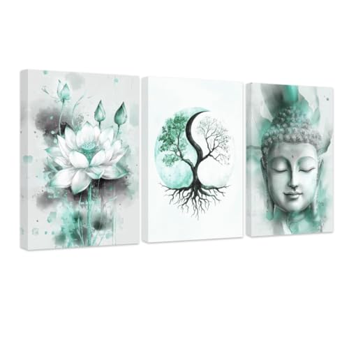 CCWACPP Teal Bathroom Wall Art 3 Piece Set Zen Decor Buddha Lotus Pictures Yin Yang Tree Art Spa Canvas Prints for Spiritual Meditation Yoga Room Home Decor Framed (20"x28"x3) - color: Teal, size: 20"x28"x3