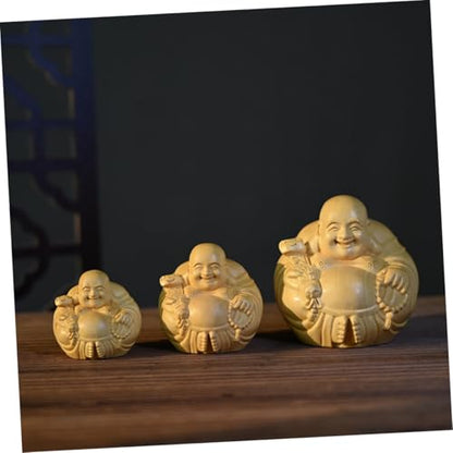 Hand-Carved Maitreya Buddha Wooden Decoration Small Desktop Ornament Unique Boxwood Sculpture for Home Zen and Spiritual Table Adornment Stable Flat Bottom Design