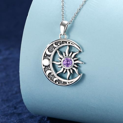 Sun and Moon Necklace 925 Sterling Silver Sun Moon Pendant Gemstone Jewelry Gifts for Women - style: February