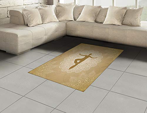 Ambesonne Yoga Area Rug, Mandala Inspired Composition Man Posture Asana Meditation Print, Flat Woven Accent Rug for Living Room Bedroom Dining Room, 4' X 5' 7", Sand Brown and White