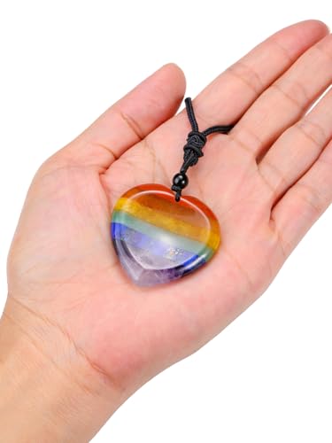 Jovivi Natural 7 Chakras Healing Crystals Necklace Heart Gemstone Palm Worry Stone Chakra Pendant Necklace for Anxiety Stress Relief Balancing Meditation - color: Heart-shaped